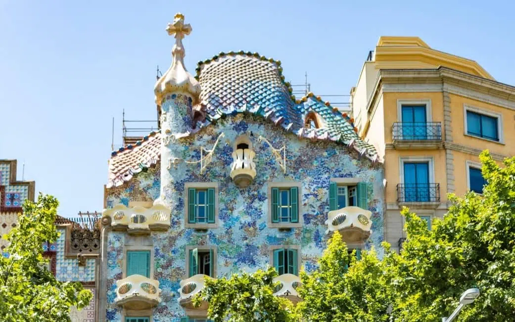 upper facade of casa batllo with balconies in barcelona spain