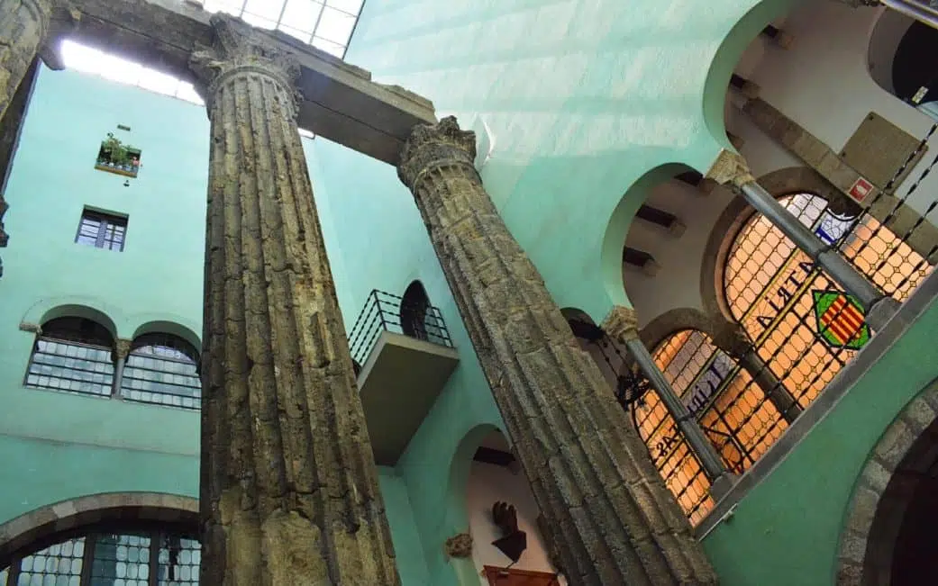 columns of the temple of augustus in the gothic quarter of barcelona spain