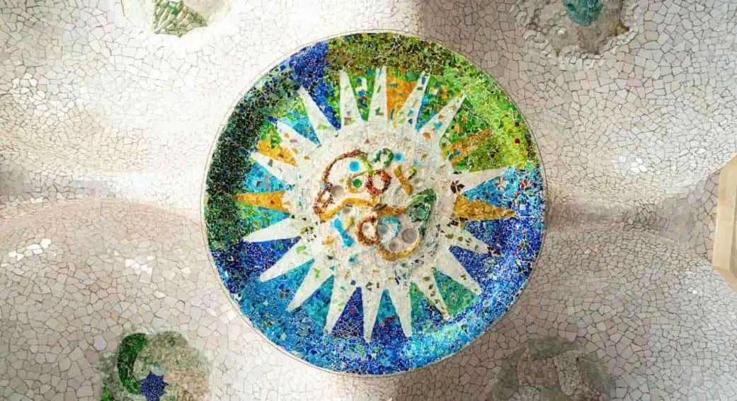 a mosaic ceiling at park guell in barcelona spain