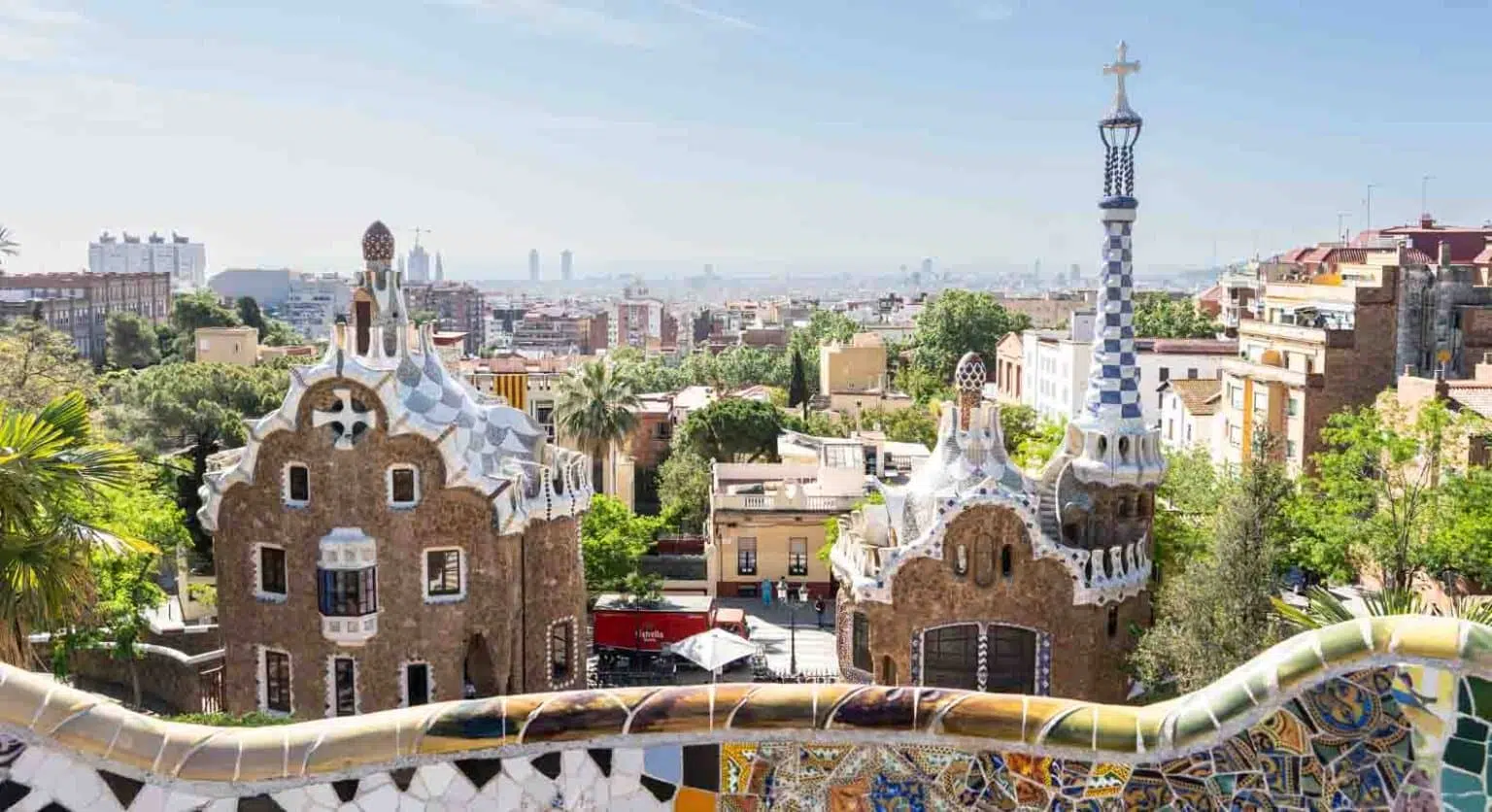 mosaic bench with panoramic view at park guell