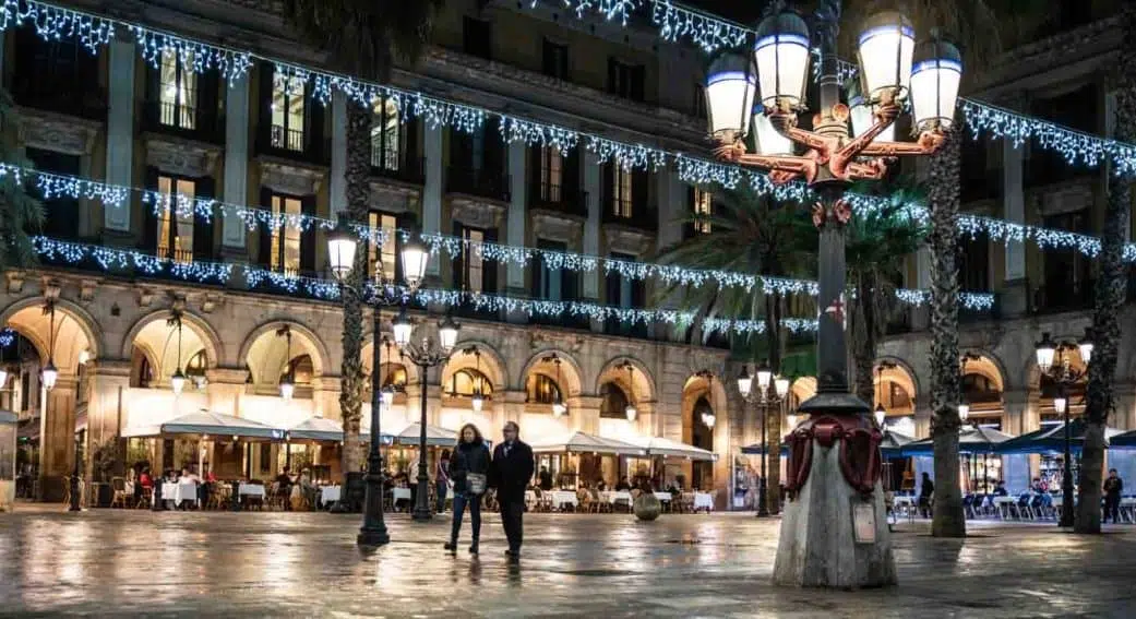 christmas lights illuminate place reial in barcelona