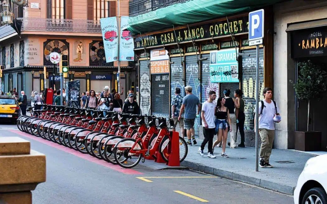 closed shops at a bicing station on las ramblas in barcelona