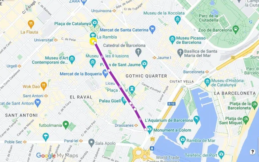 a map of the location of las ramblas in barcelona spain