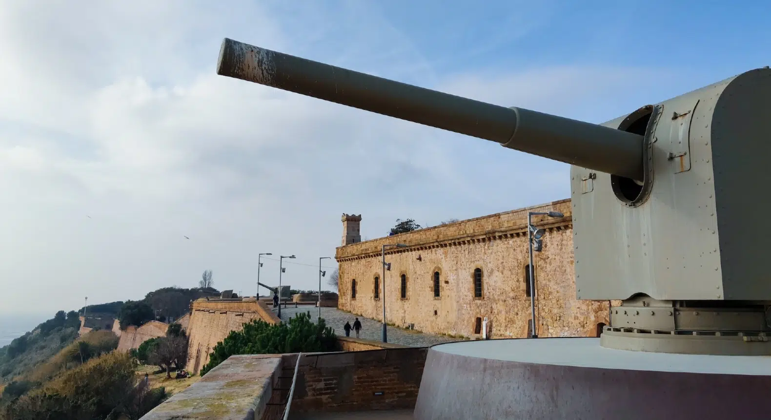 gun placement at montjuic castle overlooking the mediterranean sea in barcelona